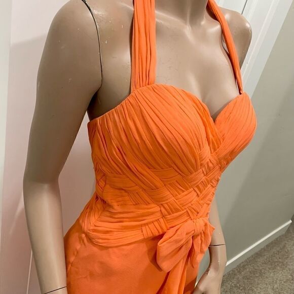 Orange Silk Woven Halter  Cocktail Evening Dress - Picture 9 of 11